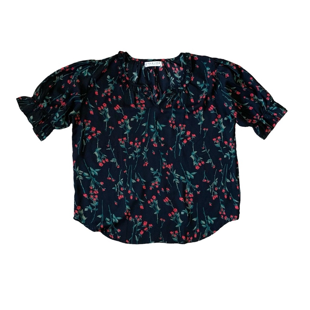 Jon & Anna black red and green rose printed puff sleeve v neck blouse size XL